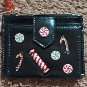 Betsey Johnson Kitsch Candy Bifold Wallet Green Metallic Candy Cane Christmas